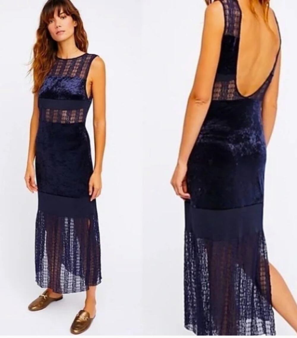 Free People Intimately Keep In Line Navy Crush Velvet Lace Boho Midi Maxi Dress